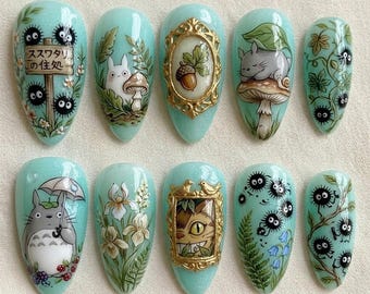 Kawaii Totoro Forest Press On Nails with Soot Sprite Mushroom Cat Leaf Nature Anime Pastel Green Nails Handmade Glue On Nails