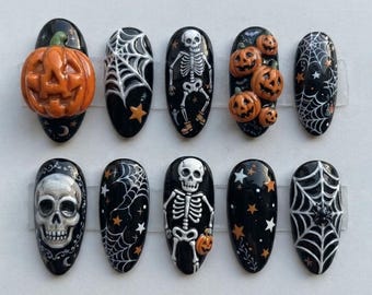Handmade Spooky Halloween Press On Nails | 3D Skeleton & Pumpkin Nail Art | Gothic Spiderweb Fake Nails | Spooky Season Set
