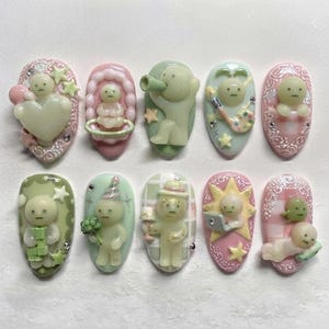 Smiski Figure Press On Nails, 3D Glow in the Dark Manicure, Handmade Quirky Character Fake Nails, Funny Daily Life Art Set