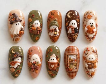 Handmade Autumn Ghost Press On Nails | Cute Halloween Pumpkin Maple Leaf Art | Cozy Fall Cottagecore Short Almond Fake Nails