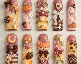 Handmade Cottagecore Press On Nails | Autumn Pumpkin Mushroom Floral Art | Cute Woodland Gingham Brown Orange Fake Nails
