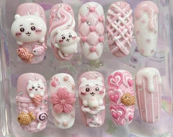 Kawaii Pink Cartoon Cat Press On Nails | 3D Cute Rabbit, Flower & Quilted Coffin Nails | Pastel Aesthetic Fake Nails