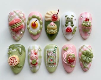 Handmade Kawaii Strawberry Press On Nails | Cute Matcha Dessert 3D Art | Pink Gingham Food Inspired Almond Fake Nails