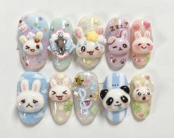 Kawaii Pastel Bunny Press On Nails | 3D Cute Rabbit & Panda Almond Nails | Glitter and Cartoon Character Nail Art | Handmade Sweet Set