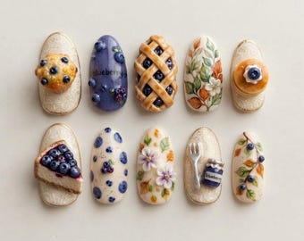Sweet Blueberry Pie And Bakery Almond Press Ons | 3D Sculpted Muffins, Cheesecake And Berry Art | Fake Nails