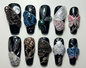 Dark Gothic Insect Butterfly Press On Nails with Moth Beetle Celestial Moon 3D Handmade Nails