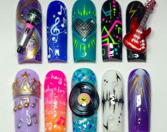 Rock Music Press On Nails | Guitar Microphone Record Crown Nail Art | Neon 3D Fake Nail Set