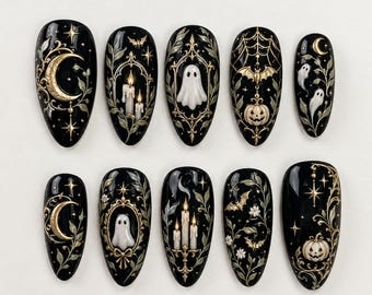 Handmade Gothic Halloween Press On Nails | Vintage Celestial Ghost Bat Pumpkin Art | Black Gold Spooky Reusable Fake Nails