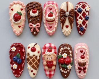 Handmade Strawberry Press On Nails | Cute Cherry Berry Bakery Art | Sweet Coquette Gingham Medium Fake Nails