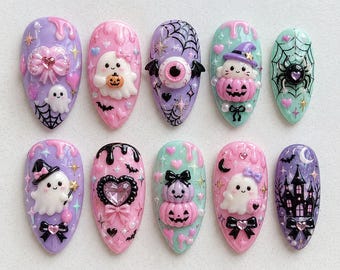 Handmade Pastel Halloween Press On Nails | Cute Ghost Pumpkin Spider Web Art | Kawaii Gothic Pink Purple Fake Nails