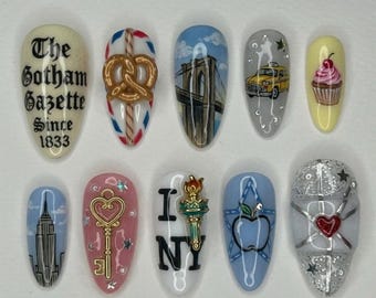 Vintage City Gazette Press On Nails | Retro 3D Pretzel Fake Nails | Skyline Bridge Luxury Nails | Antique New York False Nails
