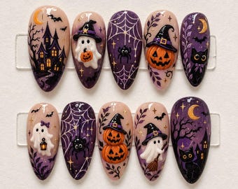Handmade Halloween Press On Nails | Witchy Ghost Pumpkin Spider Web Art | Cute Gothic Purple Long Almond Fake Nails