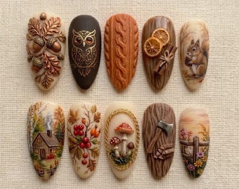 Handmade Woodland Autumn Press On Nails | Rustic Forest Cottagecore Nature Art | Cozy Acorn Mushroom Squirrel Almond Fake Nails