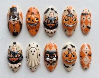 Vintage Retro Halloween Black Cat And Pumpkin Almond Press Ons | 3D Sculpted Harlequin And Ghost Art | Fake Nails