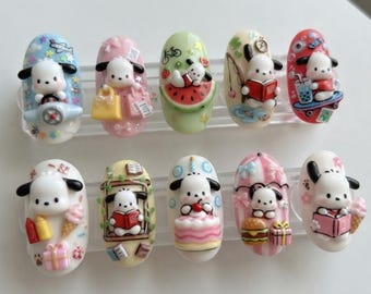 Pochacco Press On Nails, 3D Sanrio Character Manicure, Handmade Kawaii Puppy Fake Nails, Cute Cartoon Art Set