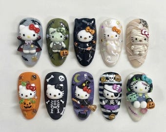Hello Kitty Halloween Press On Nails, 3D Spooky Kitty Manicure, Handmade Cute Fake Nails, Art Set