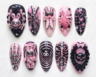 Gothic Pastel Press On Nails, 3D Creepy Cute Manicure, Handmade Voodoo Rabbit Fake Nails, Dark Kawaii Art Set