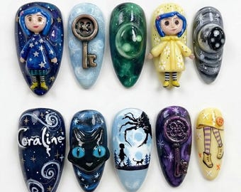 Coraline Press On Nails, 3D Movie Manicure, Handmade Creepy Fake Nails, Fantasy Art Set
