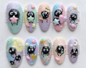 Kawaii Soot Sprite Press On Nails | 3D Fluffy Dust Bunny & Star Almond Nails | Pastel Ghibli-Inspired Fake Nails | Handmade Fantasy Set
