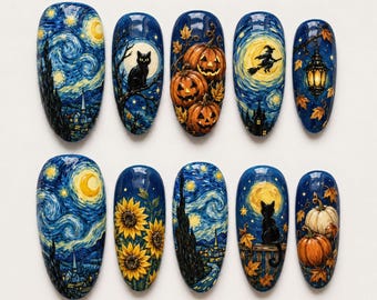 Handmade Halloween Press On Nails | Starry Night Pumpkin Witch Cat Art | Gothic Celestial Blue Gold Long Almond Fake Nails