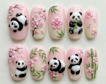 Kawaii Panda Cherry Blossom Nails Bamboo Flower Pink 3D Press On Nails Handmade Cute Spring Nails