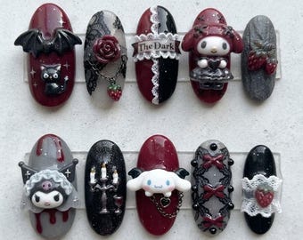 Gothic Burgundy And Black Cute Press Ons | 3D Sculpted Charms, Lace And Strawberry Art | Fake Nails
