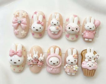 Cute Pink Bunny Miffy And Bow Almond Press Ons | 3D Sculpted Little Rabbits, Hearts And Cupcake Art | Fake Nails