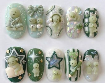 Handmade Smiski Press On Nails | Cute 3D Character Nail Art | Green Aesthetic Kawaii Fake Nails With Stars & Bows