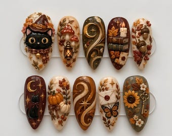 Handmade Autumn Press On Nails | Dark Academia Pumpkin Mushroom Cat Art | Vintage Fall Brown Almond Fake Nails