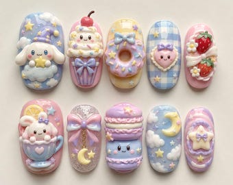 Handmade Kawaii Pastel Press On Nails | Cute 3D Sweet Dreamy Bow Bunny Art | Colorful Mismatched Short Fake Nails