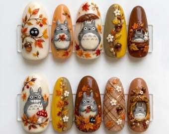 Handmade Autumn Woodland Press On Nails | Cute Forest Leaf Acorn Mushroom Art | Cozy Fall Brown Mustard Fake Nails