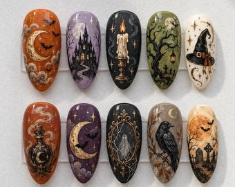 Handmade Halloween Gothic Press On Nails | Witchy Spooky Moon Bat Art | Vintage Dark Fantasy Almond Fake Nails