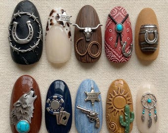 Western Cowboy Press On Nails | 3D Cow Print Fake Nails | Sheriff Star Badges Glue On Nails | Country Style Long Almond Nails