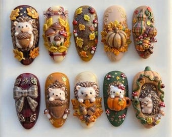 Custom Hedgehog Press On Nails, 3D Autumn Manicure, Handmade Cute Animal Fake Nails, Fall Art Set