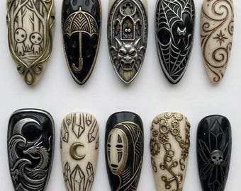 Gothic Anime Spirit Press On Nails | Faceless Ghost False Nails | Ivory Black Steampunk Nail Art | Witchy Skull Moon Gift