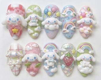White Puppy Rainbow Press On Nails, 3D Kawaii Sky Manicure, Handmade Fake Nails