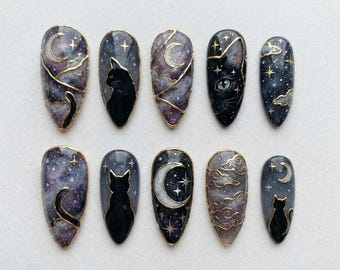 Celestial Black Cat And Galaxy Almond Press Ons | 3D Sculpted Moon, Stars And Cosmic Art | Fake Nails