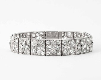 Diamond Bracelet For Women, Floral Art Deco Bracelet, 14K White Gold Plated, 5.9Ct Diamond, Sparkle Vintage Bracelet, Bridal Bracelet, Gifts
