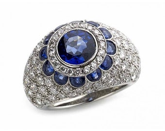 Vintage Inspire Diamond Bomb Ring, 3.20Ct Sapphire Cluster Ring, 14K White Gold, Antique Edwardian Ring, Anniversary Ring, Gifts For Her