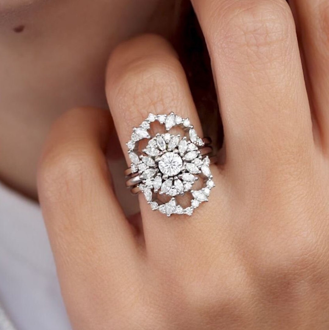 Delicate Diamond Ring Trio Bridal Set Ring 14K White Gold - Etsy