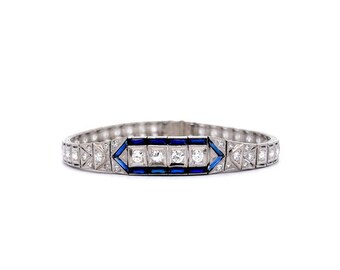Art Deco Style Sapphire Bracelet, Wedding Bracelet, 14K White Gold Plated, 4.7Ct Diamond & Sapphire, Magnificent Vintage Bracelet, Gifts Her