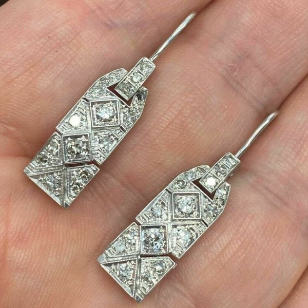 Antique Style Dangle Drop Earrings, 1.70Ct Diamond, 14K White Gold, Earrings For Women, Wedding Earrings, Bridal Earrings, Birthday Gifts