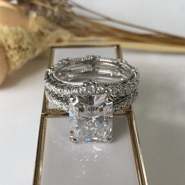 Parure de bagues de mariée, diamant radiant de 2,2 carats, alliances, or blanc 14 carats, bague de fiançailles avec anneau assorti, bague de mariée, cadeau pour elle