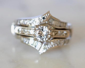 Royal Antique Style Ring Set, Stunning Vintage Wedding Set With Double Band Ring, 14K White Gold, 1.69Ct Diamond, Engagement Ring Set, Gifts