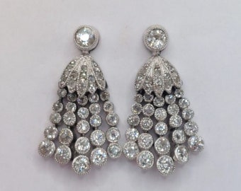 Vintage Diamond Tassel Earrings, Bridal Earrings, 14K White Gold, 1.80Ct Round Diamond, Art Deco Wedding Earrings, Bezel Earrings, Gifts Her