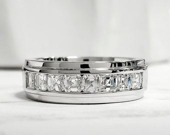 Men's Channel Set Diamond Ring, 14K White Gold, 2.20Ct Asscher Diamond, Mens Half Eternity Wedding Band, Men's Engagement Ring, Gift For Him