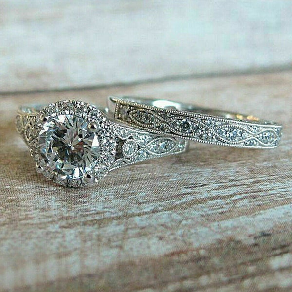 Moissanite Wedding Ring Sets, 14K White Gold, Filigree Wedding Ring, 2.3Ct Colorless Moissanite, Bridal Ring Sets, Birthday Ring, Gifts Her