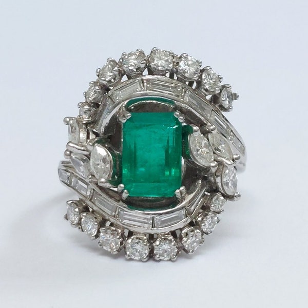 Vintage Inspire Wedding Ring, 14K White Gold, 2.89Ct Green Emerald, Engagement Promise Ring, Perfect Art Deco Ring, Cocktail Ring, Gifts Her