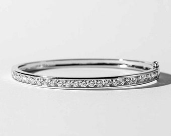Channel Set Bangle Bracelet, 2.46Ct Diamond Bracelet, 14K White Gold Plated, Engagement Bracelet, Anniversary Bracelet, Gift For Girlfriend