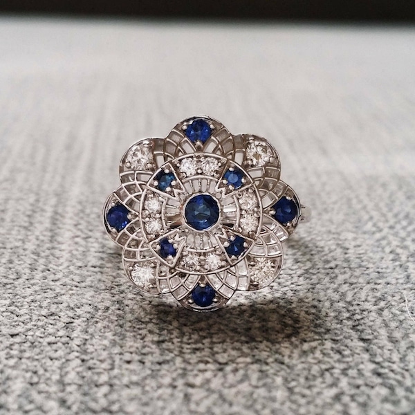 Art Deco Style Flower Cluster Ring, 14K White Gold, 2.20CT Round Sapphire, Wedding Engagement Ring, Proposal Ring, Anniversary Gift Ring